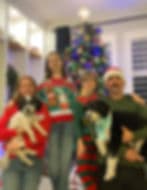 Holiday group photo with dogs in front of a Christmas tree.