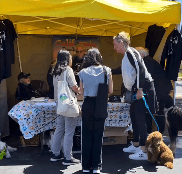 Volunteers and visitors at a community booth.